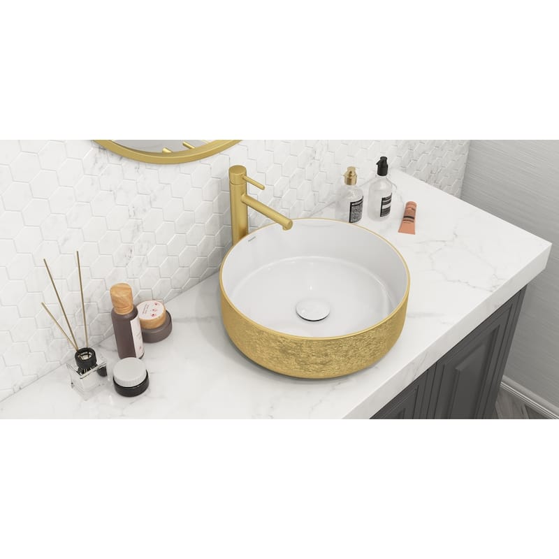 Ruvati 14 inch Bathroom Vessel Sink Round Gold Decorative Art Above Vanity Counter White Ceramic - RVB0314WG