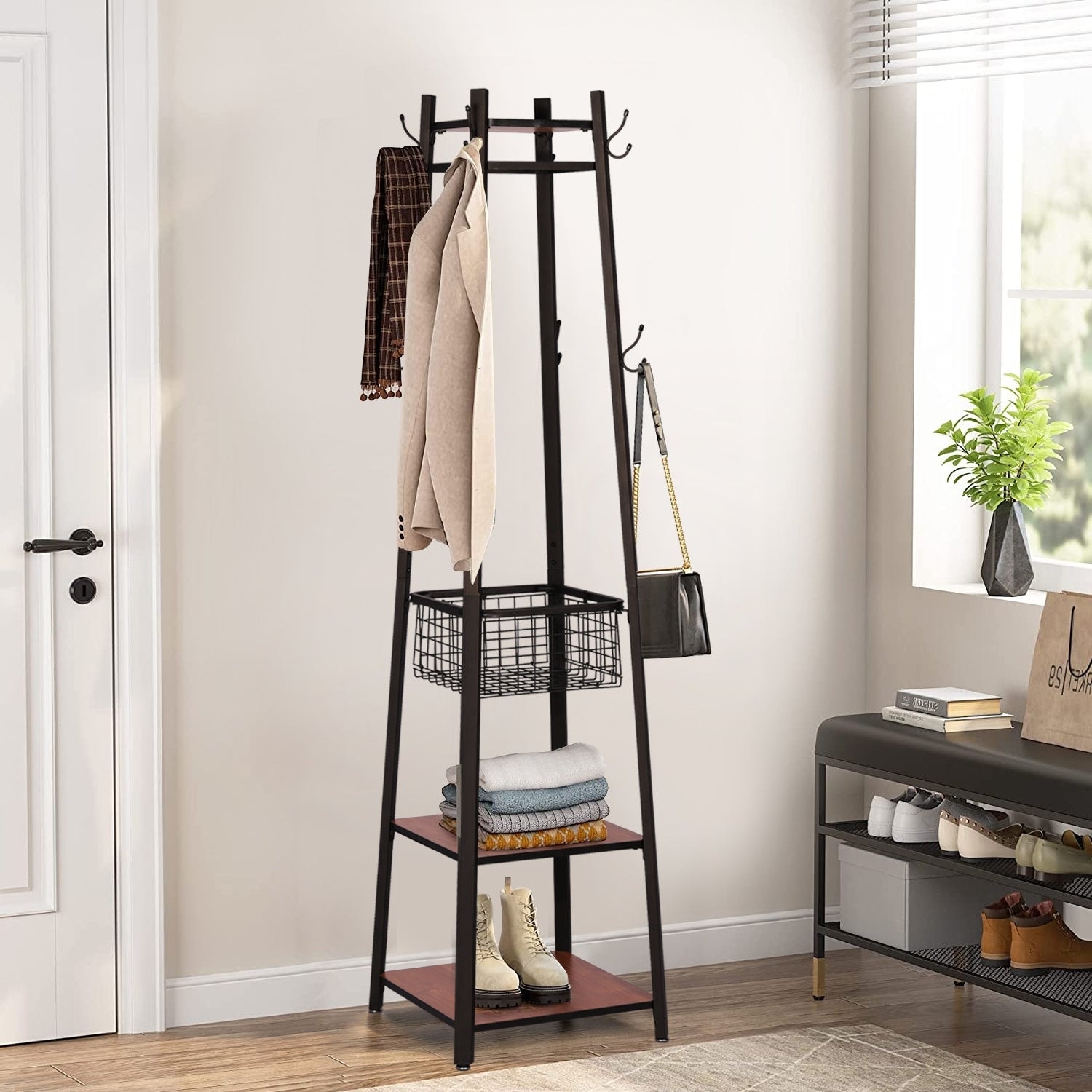 VECELO Modern 3 Tier Storage Shelf Standing Hat Coat Rack with