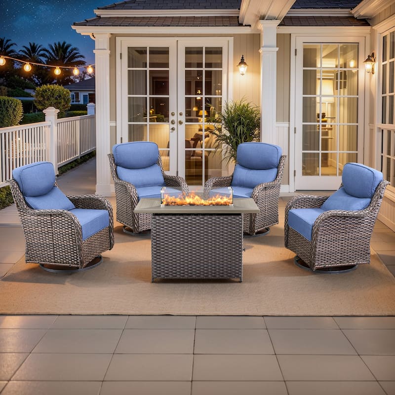 Pocassy 5 Pieces Outdoor 6 Inch Swivel Chair with Fire Pit Table - Blue cushion - Brown Wicker
