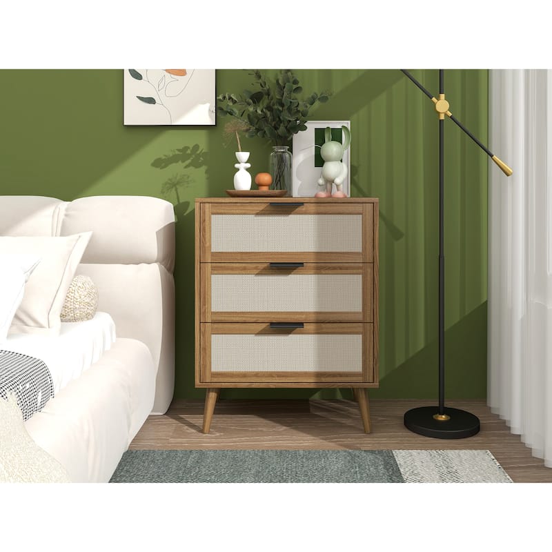 Rattan Nightstand with Solid Wood Legs, Living Room End Table with 3 Storage Drawer, Couch Side Table with Wooden Tabletop