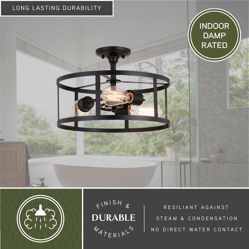 Akron 15-in W Bronze Farmhouse Round Cage Semi Flush Mount Ceiling Light - 15-in W x 10.25-in H x 15-in D