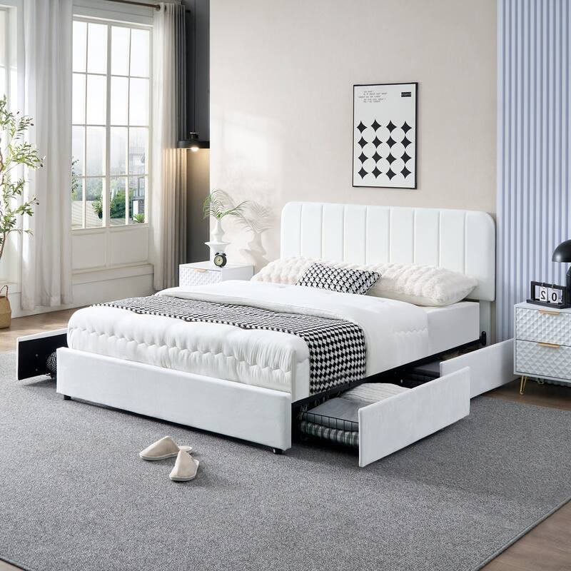 White Upholstered Platform Bed Frame with 4 Storage Drawers, Adjustable Velvet Rivets Headboard - Full