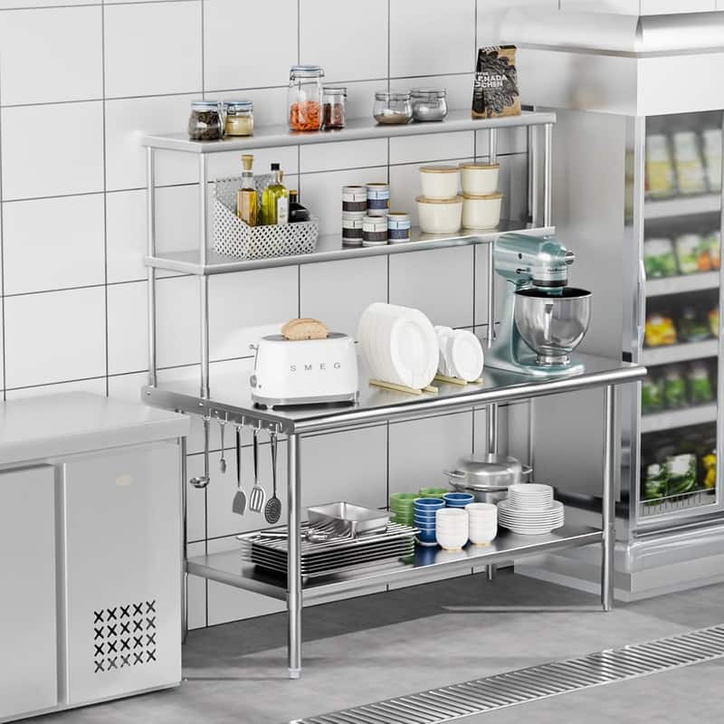 60 X 30 In. Stainless Steel Table With Overshelves And Detachable Hooks - N/A - Silver