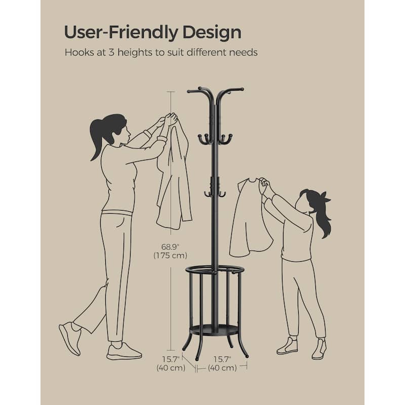 Modern Tall Freestanding Coat Rack with Metal Frame and Umbrella Holder for Home and Office - 15.7"D x 15.7"W x 68.9"H