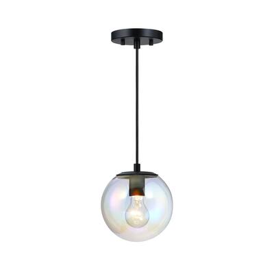 Neva 60 Watt 1-Light Matte Black Globe Pendant Light with Clear Iridescent Glass Shade - 7.75