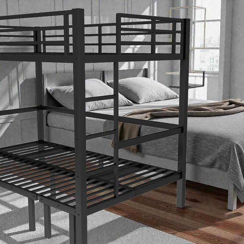 Twin XL Over Twin XL Metal Bunk Bed with Pull-Out Trundle, Convertible 3-Section Lower Bed, Safety Guardrails