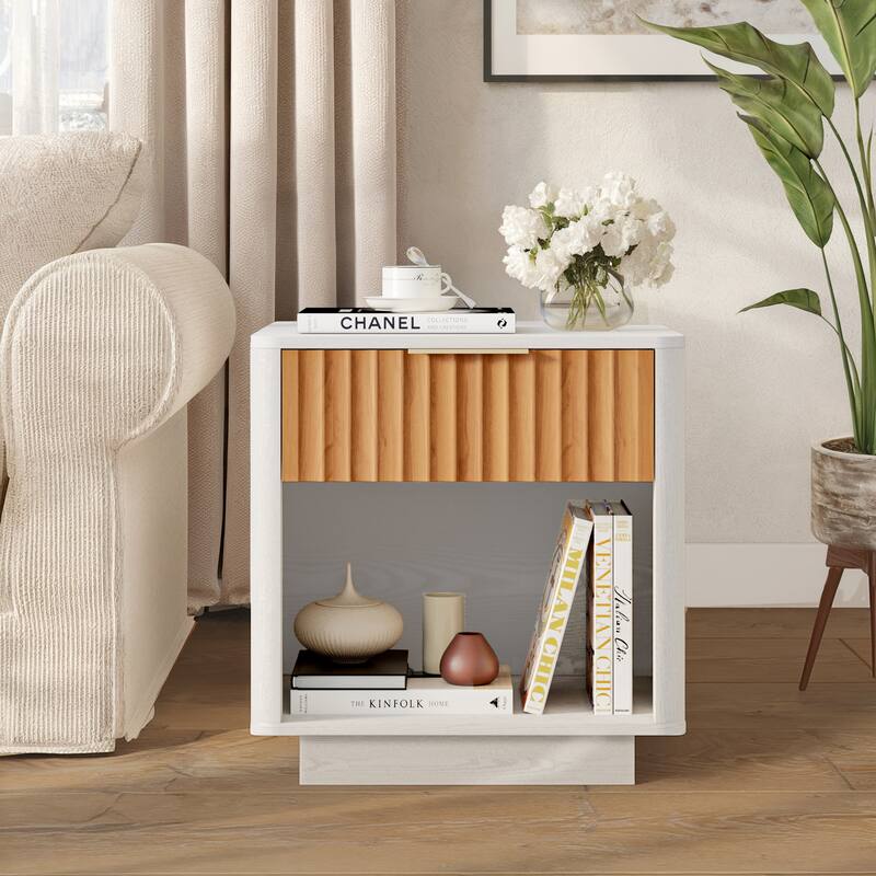 Contemporary Nightstand with Fluted Drawers and Open Storage