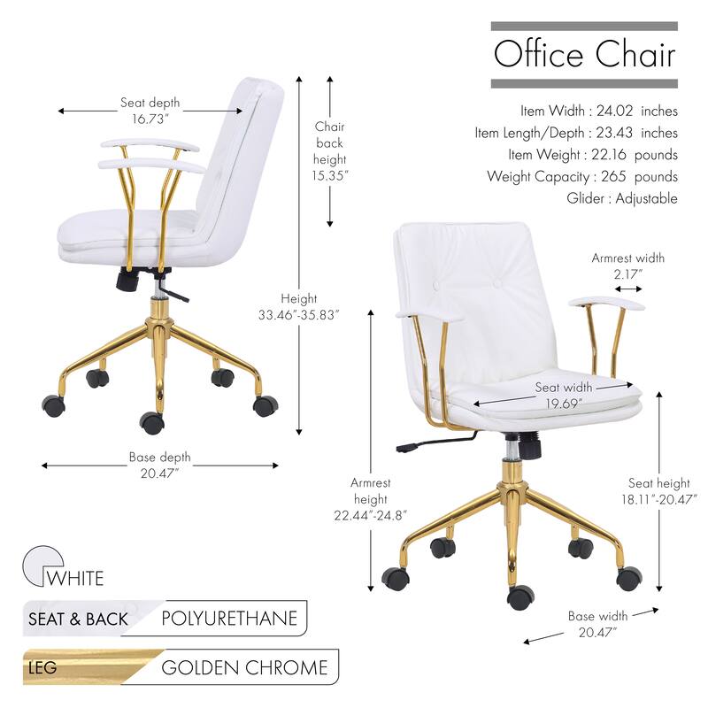 Porthos Home Tilly Office Chair, PU Leather, Gold Chrome Roller Base