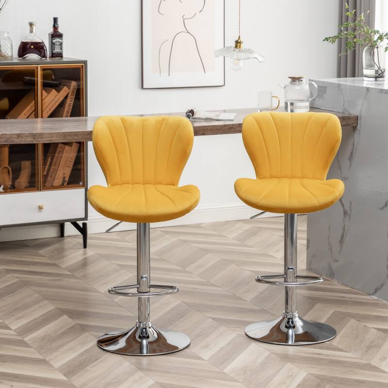 Set of 2 Adjustable Swivel Barstools with Upholstered Bucket Seats and Chrome Footrest.