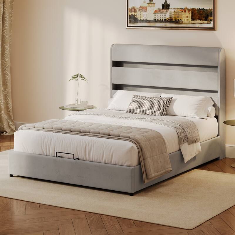 LED Storage Bed with Velvet Upholstery Headboard & Footboard, Grey Full
