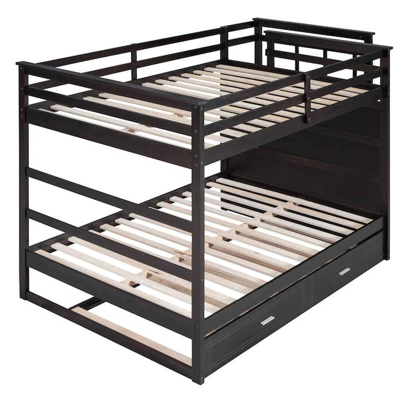 Full Over Full Bunk Bed with Trundle and Stairs, Wooden Storage Bed with Pull-out Drawers and Guardrail for Kids Bedroom