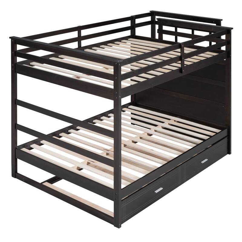Wooden Full Over Full Bunk Bed Frame with Trundle, Side Storage Drawers, Staircase and Safety Guardrails, Space-Saving Design