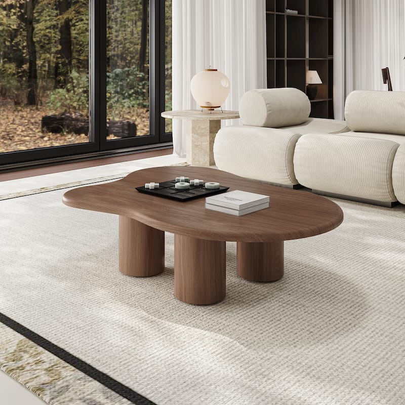 47.24" Mid Century Coffee Table, Solid Wood Texture with Could Shaped, Brown
