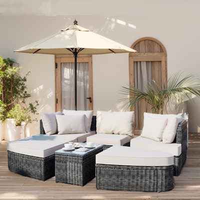 6-Piece Wicker Outdoor Sectional Conversation Set with Cushions - 2Corner Sofas&1Single Sofa&2Ottomans&1Table