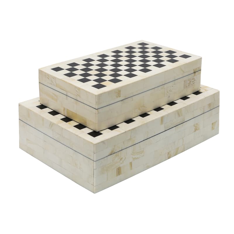 Black and White Checkered Polyresin & MDF Storage Boxes - Set of 2 - 12" x 8" x 3.75" - Black - 12" x 8" x 3.75"
