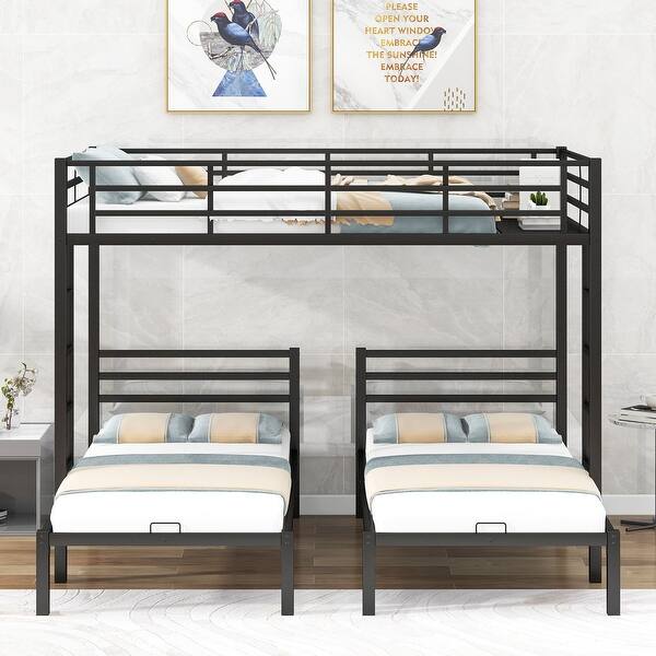 slide 2 of 26, Space-Saving Metal Full & Twin Bunk Bed with Built-In Shelf Black