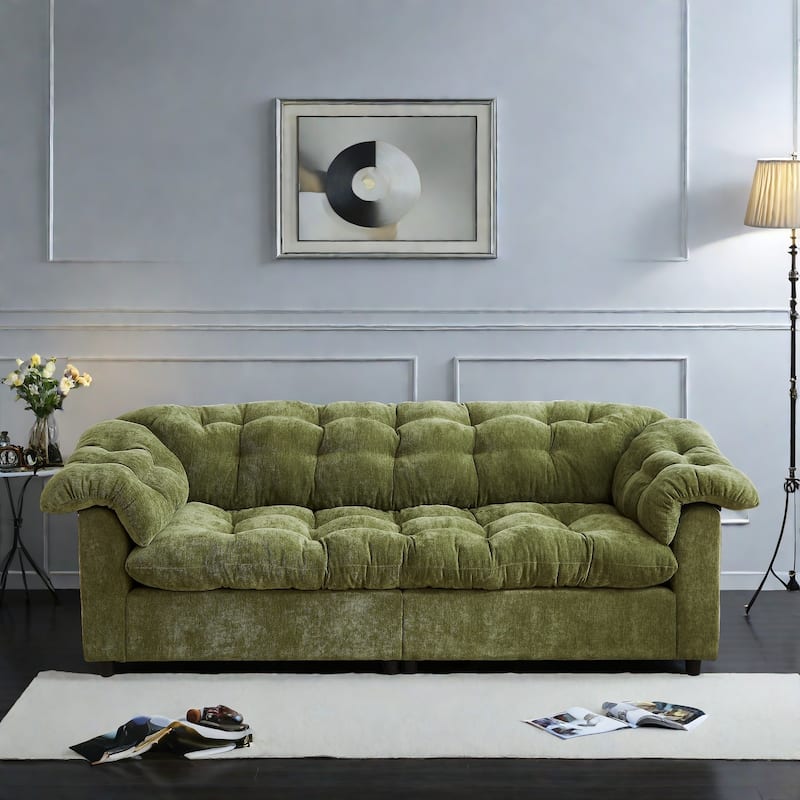 99.2" Fabric Modern Classic 3-Seater Sofa, Solid Wood Frame & Plush Cloud Cushioning - Green