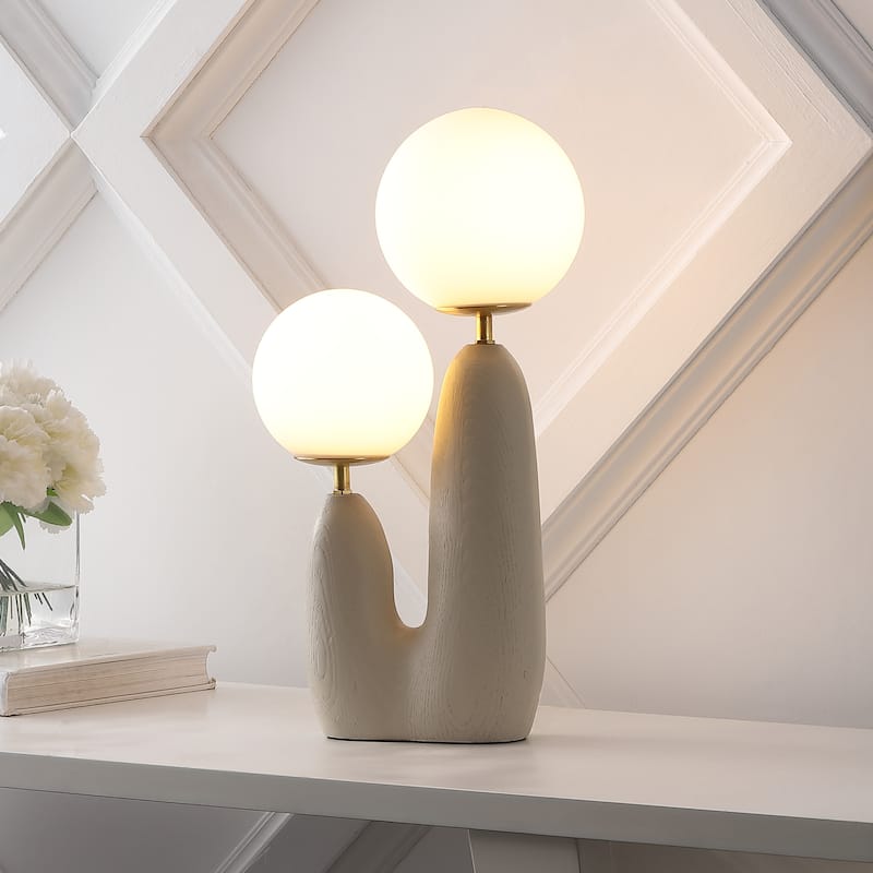 Astra 17.75" 2-Light Modern Bohemian Resin/Iron/Frosted Glass Danish Cactus LED Table Lamp, by JONATHAN Y - 17.75" - Almond/Brass Gold