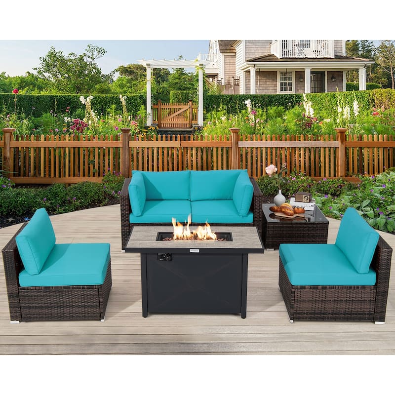 Costway 6PCS Patio Furniture Set Rattan Cushioned Sofa Gas Fire Pit - See Details