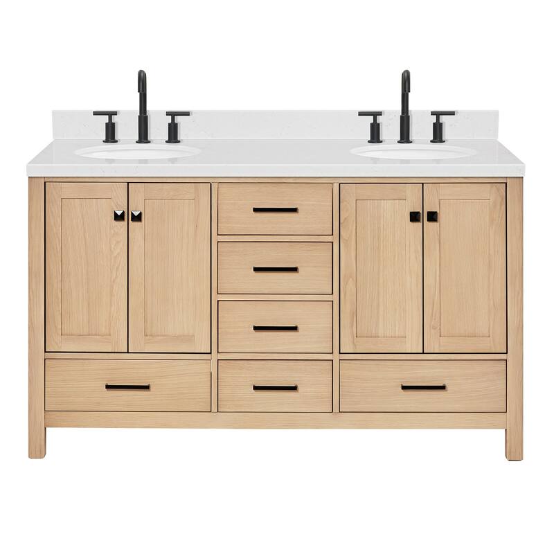 Ariel A060DCQOVO Cambridge 60" Free Standing Double Basin Vanity Set - Oak / Carrara White Quartz Top / Matte Black