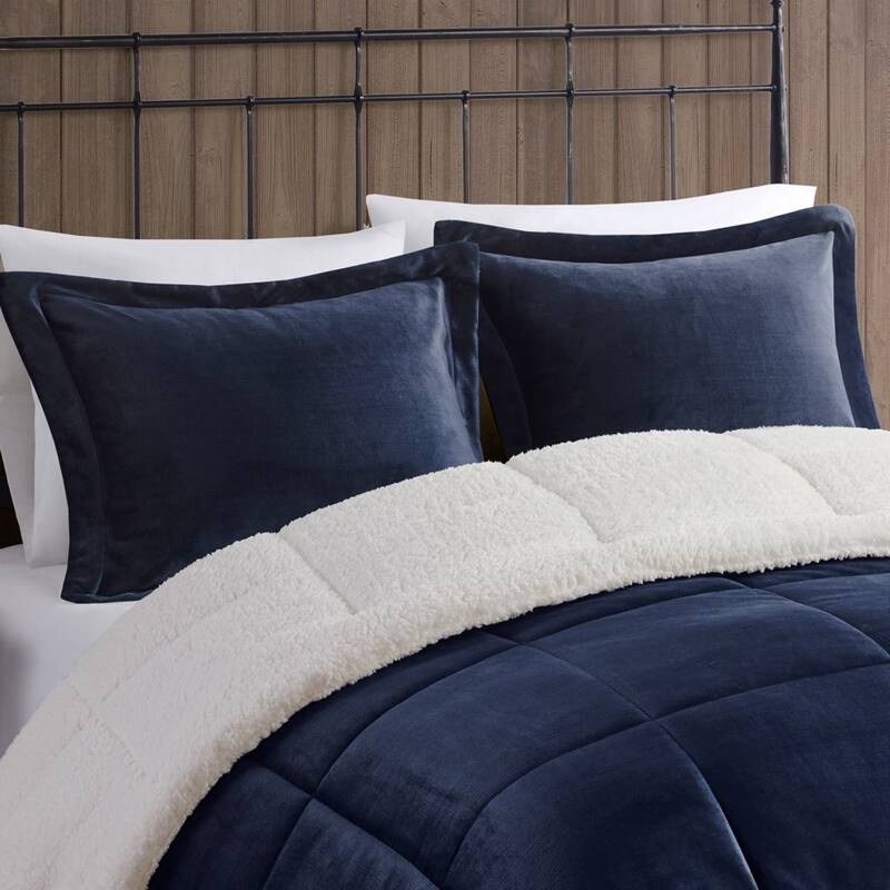 GDF Studio - Alton Plush to Sherpa Down Alternative Comforter Set - Navy & Ivory.