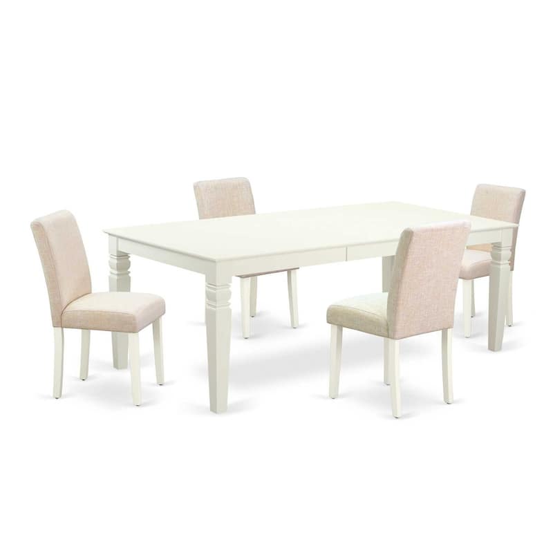 Coastal Dining Set - 5pc Rectangular Table & 4 Chairs - Linen White Legs - Light Beige Fabric