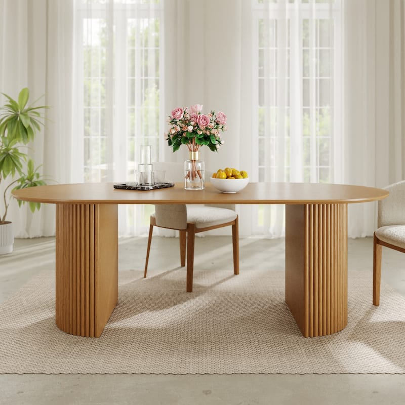 Modern Oval Wooden Dining Table - 79" Large Size, Sturdy Fluted Base, Natural Oak Finish for Dining Room