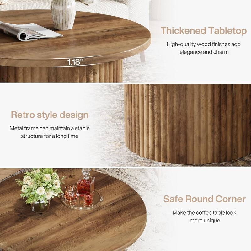 Round Coffee Table, 31.5" Farmhouse Circle Center Table with Fluted Drum Base & Wooden Grain Veneer Top