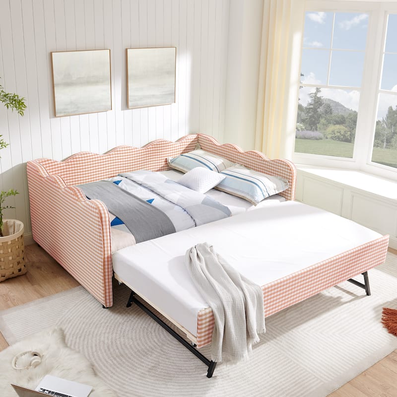 Upholstery Daybed Full Size Sofa Bed with Twin Size Trundle and Charging Ports, Linen Fabric Plaid Pattern and Wavy Silhouette