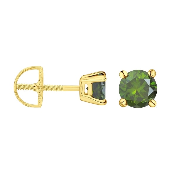 Prism Jewel Round Brilliant Cut Green Color Diamond Screw Back Stud Earring