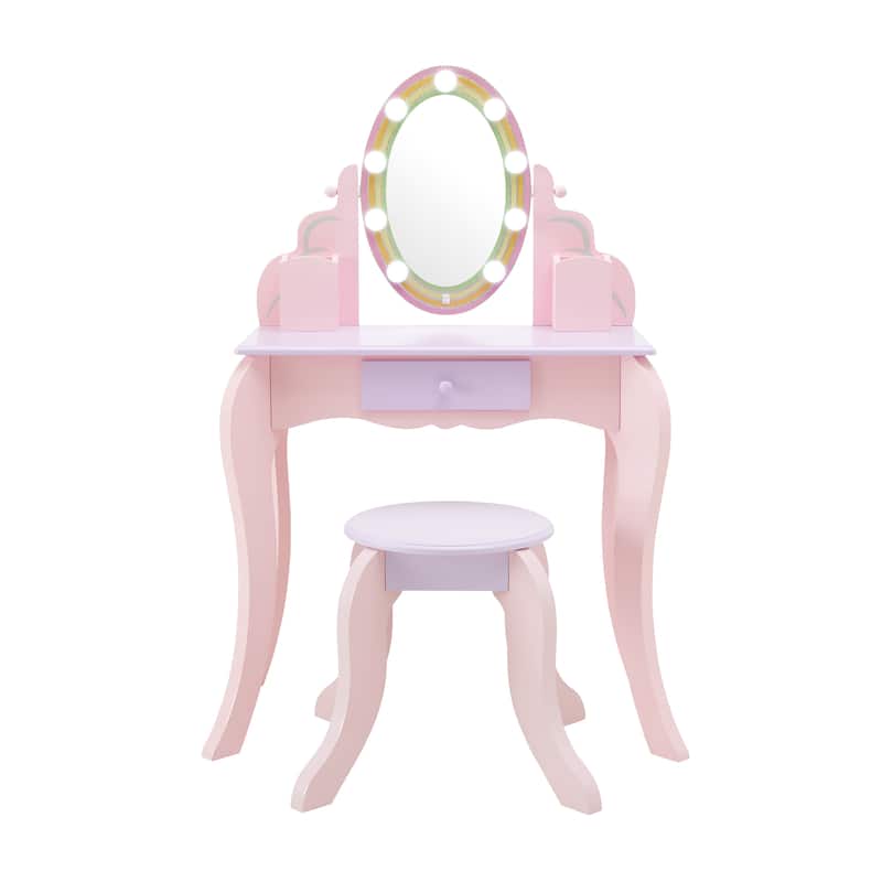Teamson Kids Vanity Pretend Playset with LED Illuminated Mirror, Matching Stool, and Storage Drawer