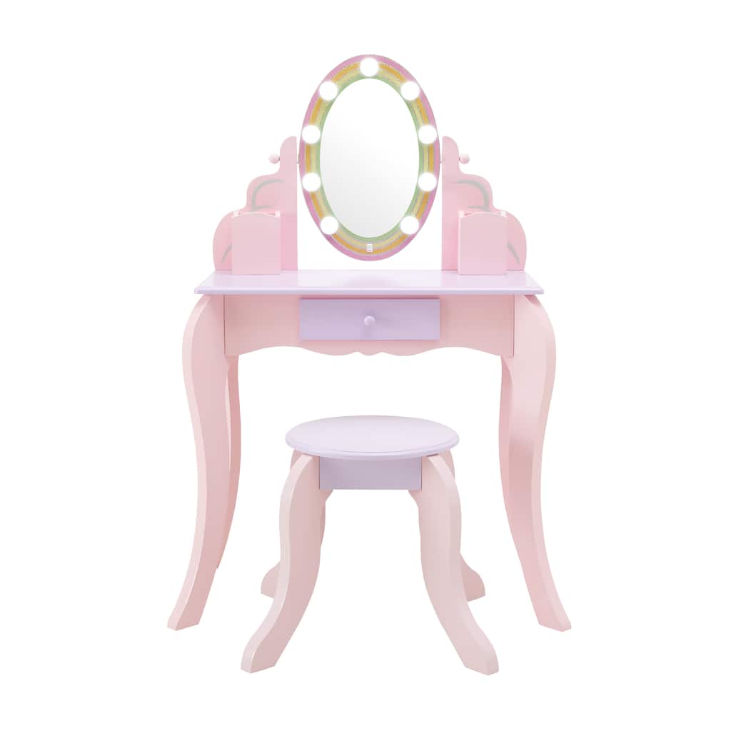 Teamson Kids Vanity Pretend Playset with LED Illuminated Mirror, Matching Stool, and Storage Drawer