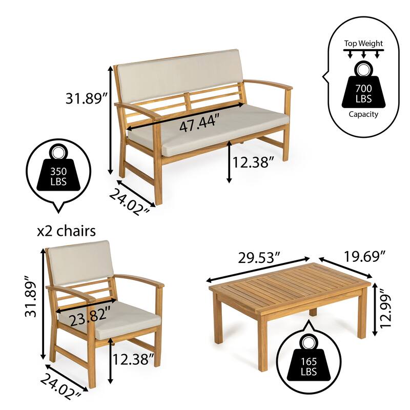 Freja 4-Piece Modern Coastal Acacia Wood Conversation Outdoor Patio Set with Cushions, by JONATHAN Y
