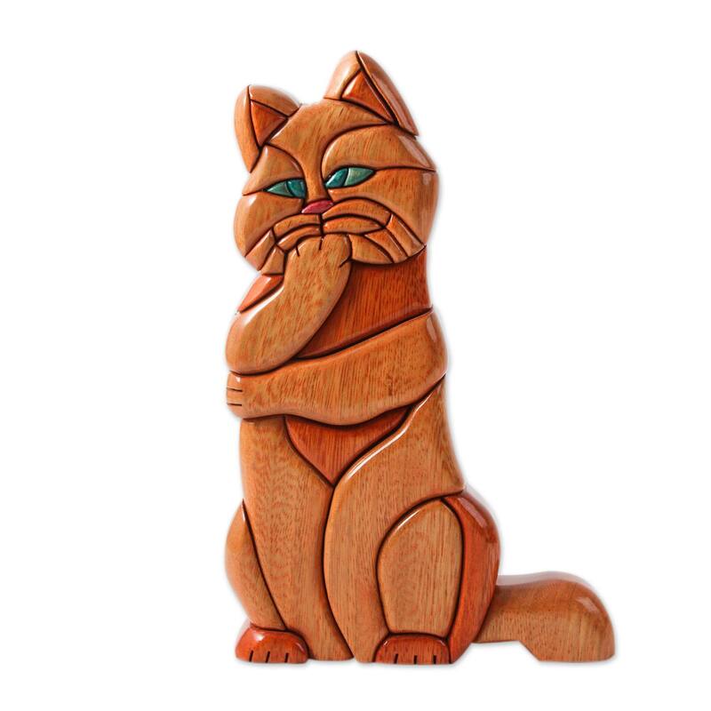 Handmade Thoughtful Kitty Cat Cedar And Mahogany Sculpture (Peru) - 9.5" H x 6.25" W x 1.8" D