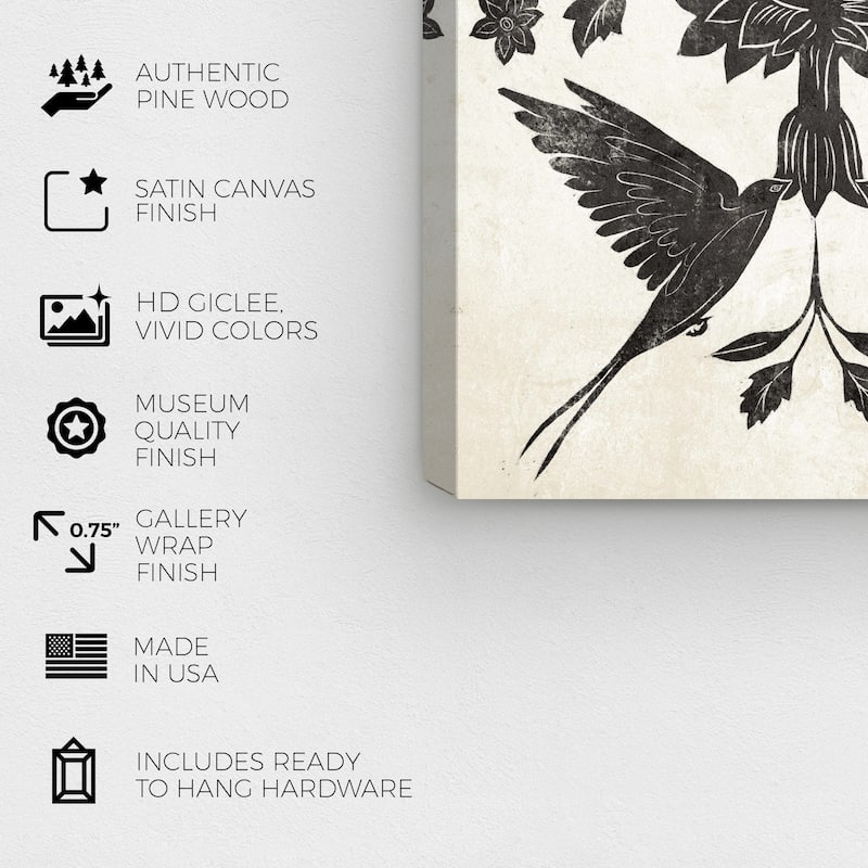 Wynwood Studio Canvas Animals Dark Floral Ornamental Black and Cream White Traditional Wall Art Canvas Print