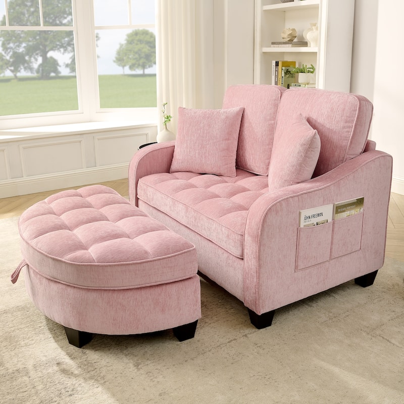 Two-Seater Chaise Longue Sofa with Storage Footrest, Irregular Armrests & Throw Pillows for Living Room & Bedroom