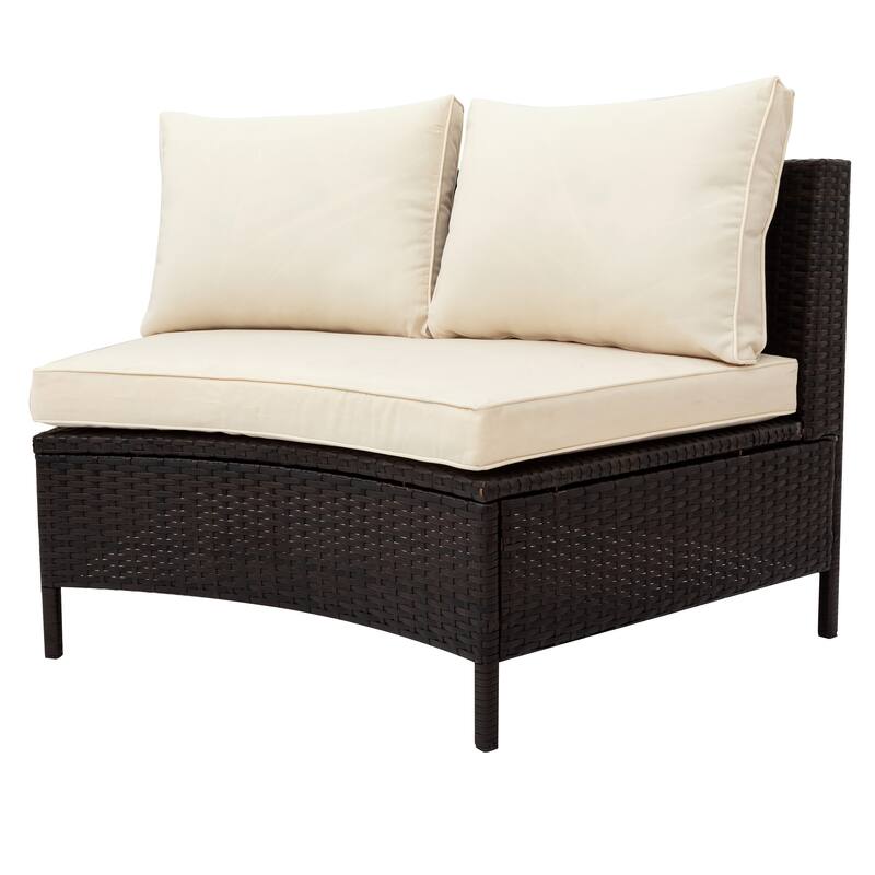 Roomfitters Outdoor Half Moon Curved Rattan Sofa Set, Modular Wicker Sectional Patio Furniture with Glass Coffee Table