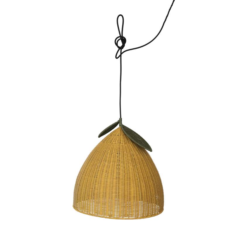 Hand-Woven Rattan Lemon Shaped Pendant Lamp, Yellow and Green(Hardwire Only) - 13.8"L x 13.8"W x 13.8"H - Yellow/Green