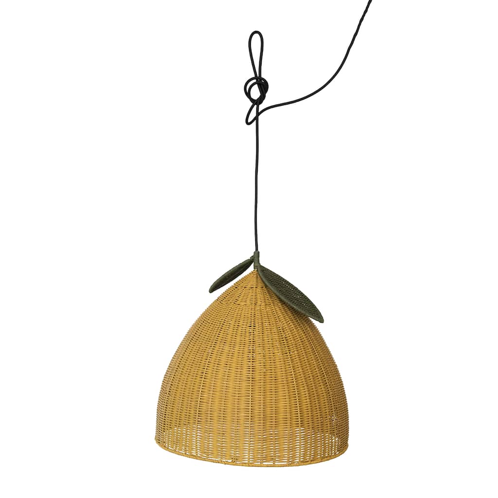 Hand-Woven Rattan Lemon Shaped Pendant Lamp, Yellow and Green(Hardwire Only) - 13.8"L x 13.8"W x 13.8"H