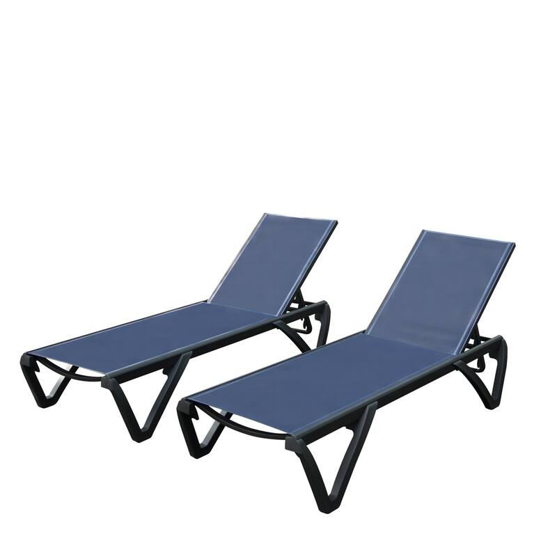 All Weather Reclining Chair for Patio with 5 Position Adjustable Backrest and Wheels, 2 Pieces Aluminum Plastic Lounge Chaise - Navy Blue