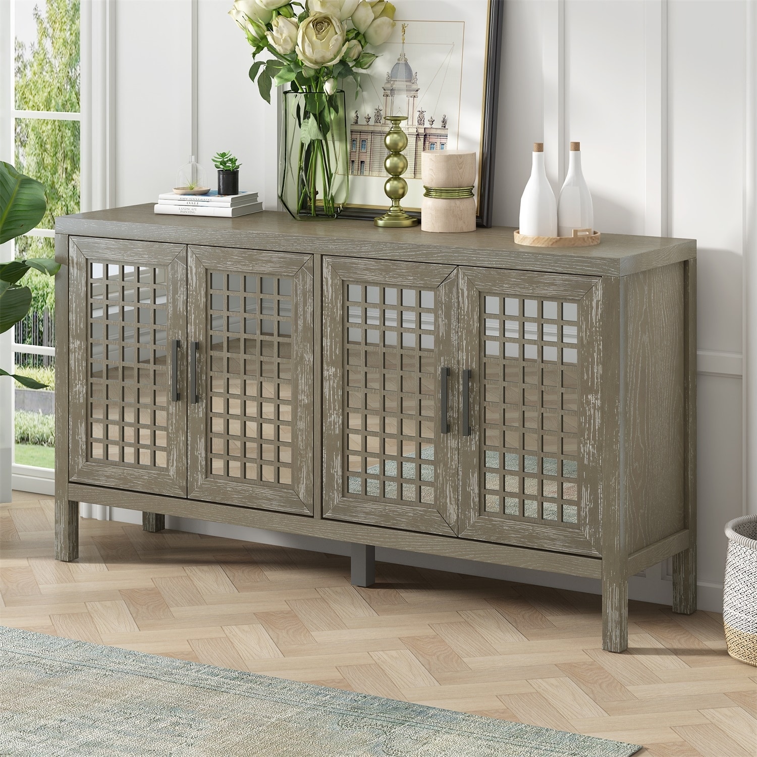 Merax Retro Mirrored Sideboard with Closed Grain Pattern - Bed