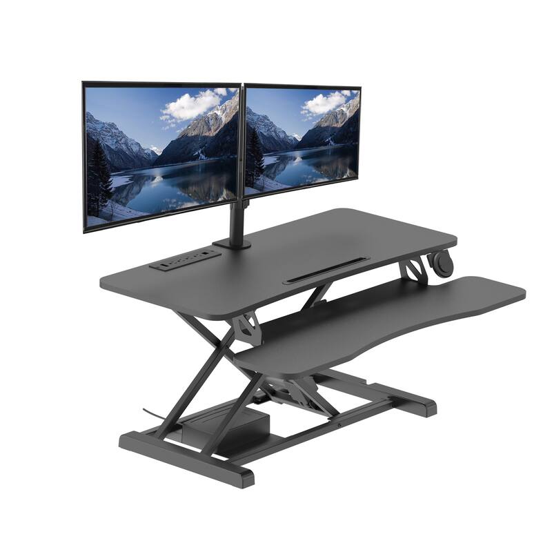 Rocelco 37.4 in. W Black Electric Standing Desk Converter with Anti Fatigue Floor Mat, AC USB Charger and Tray Platform