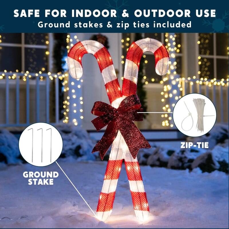2.78 ft. Tall White & Red Tensil Candy Canes LED Yard Lights - White and Red