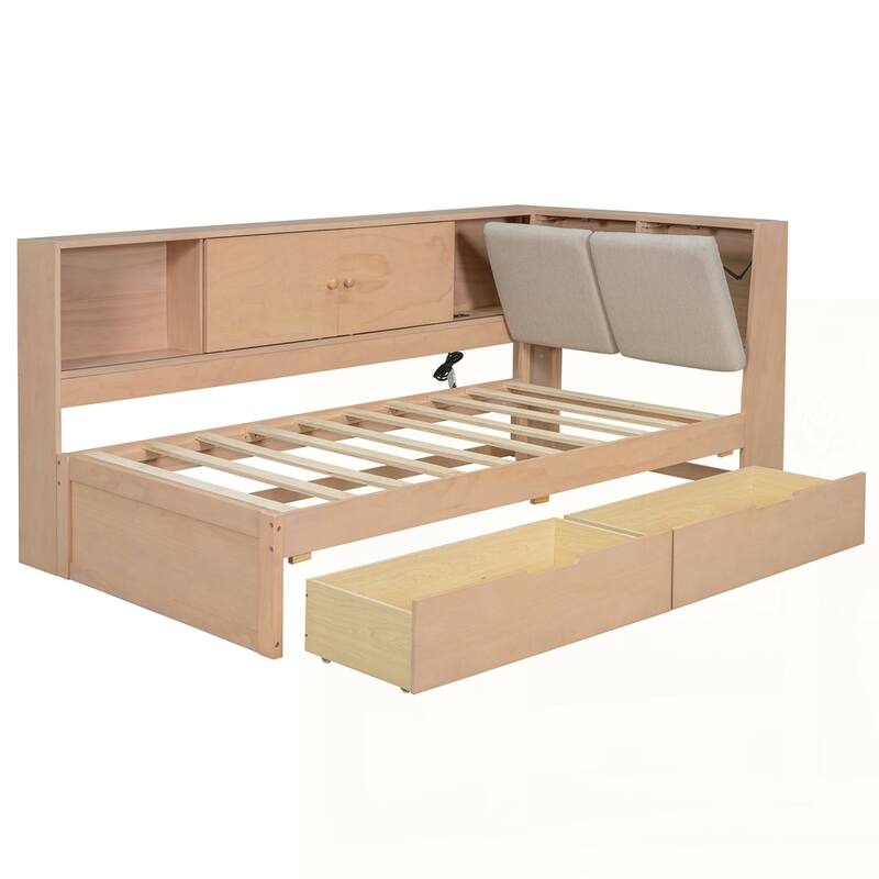 L-shaped Daybed Corner Bed with Storage Bookcase and USB Charging Ports