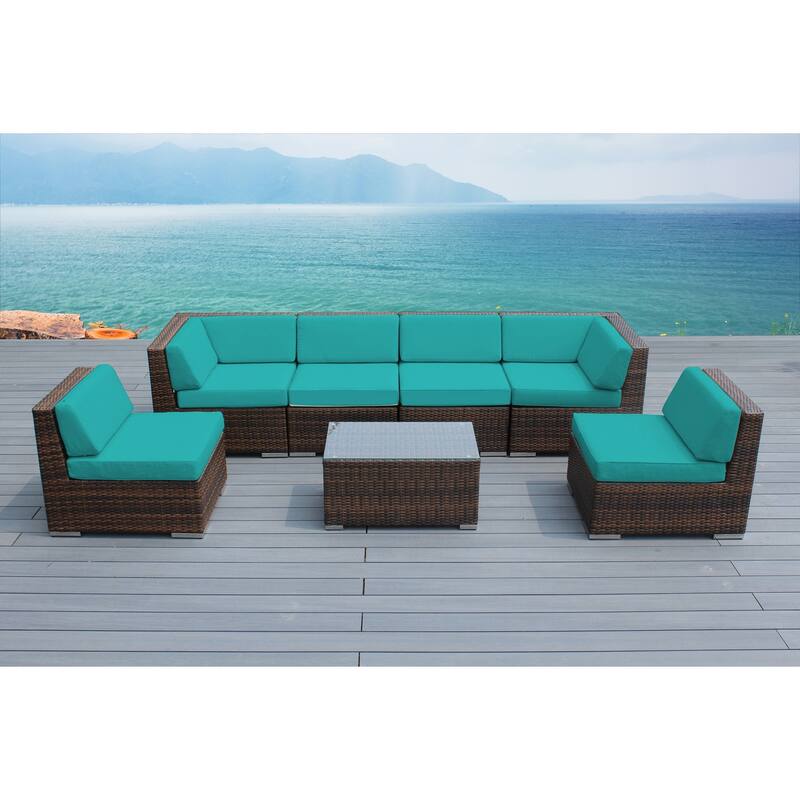 Ohana Outdoor Patio 7 Piece Mixed Brown Wicker Sectional with Cushions - No Assembly - Turquoise