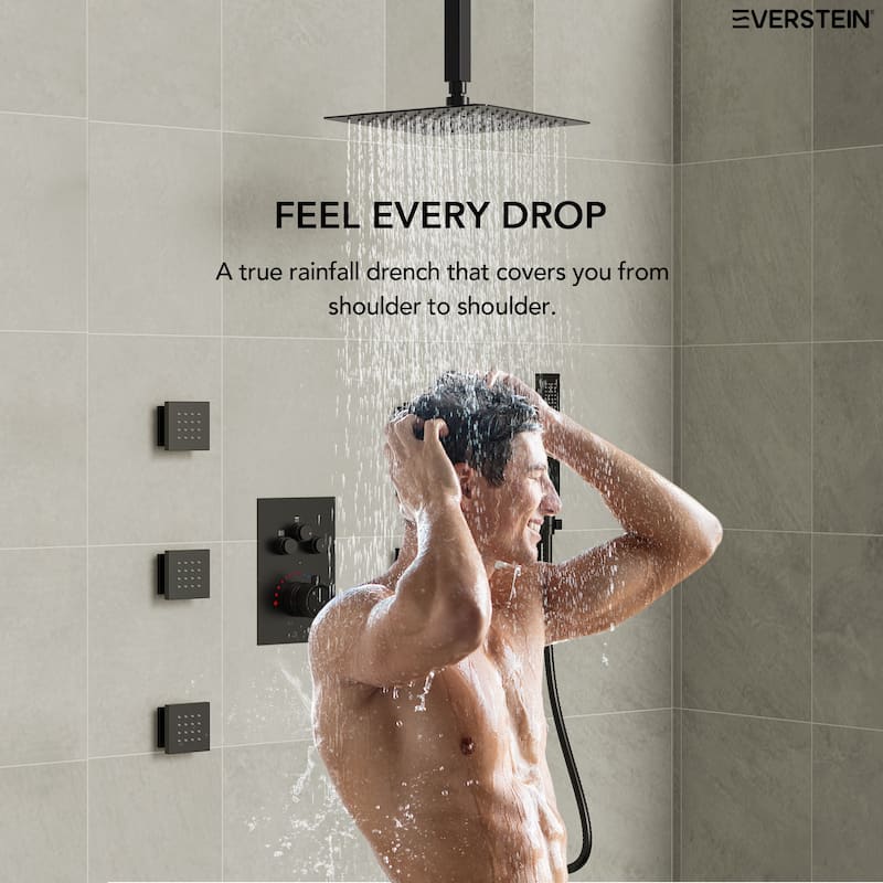 Shower System 12" Ceiling Rain Shower Head with 3-Way Thermostatic Faucet & Body Jets