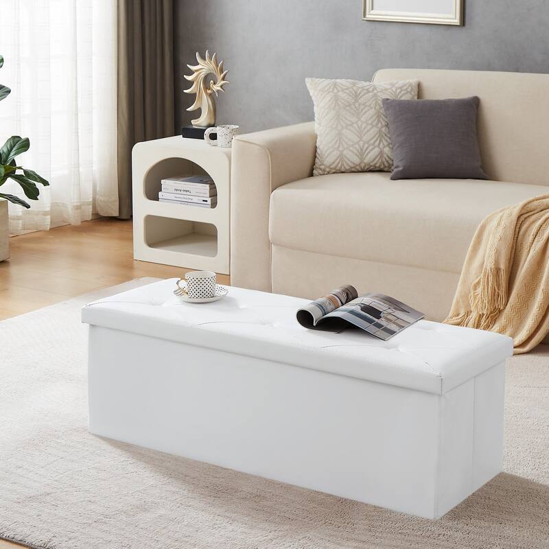 VECELO Folding Storage Ottoman, Bedroom Storage Bench, Versatile Footrest Footstool Tufted Faux Leather Chest for Living Room