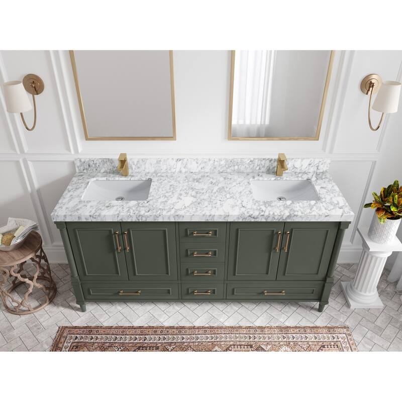 Willow Collections 72 in. W x 22 in. D Aberdeen Double Sink Bathroom Vanity with Countertops - 2" Carrara Marble - Pewter Green