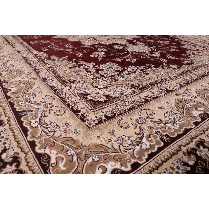 Burgundy Medallion Tabriz Area Rug Machine Made Carpet - 9'9" x 13'2"
