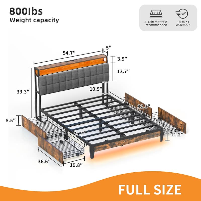 Upholstered Platform Bed with Charging Station and Storage Headboard - Brown-With LED - Full